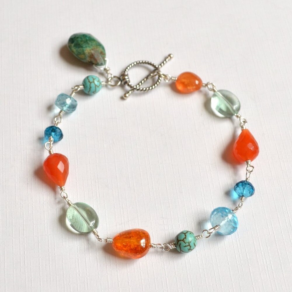Orange and Aqua Gemstone Bracelet in Sterling Silver